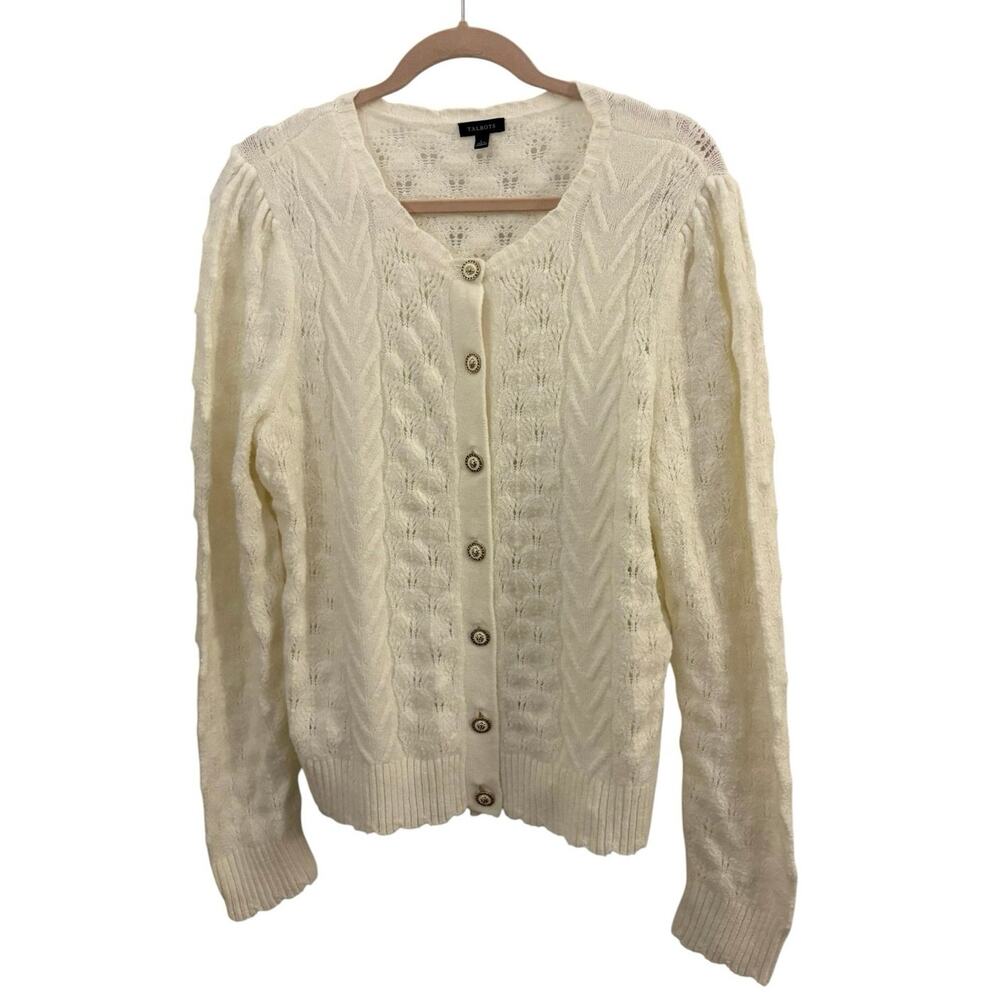 Talbots Cardigan Sweater Cream L Cotton Blend Closet Staple Minimalist Coquette